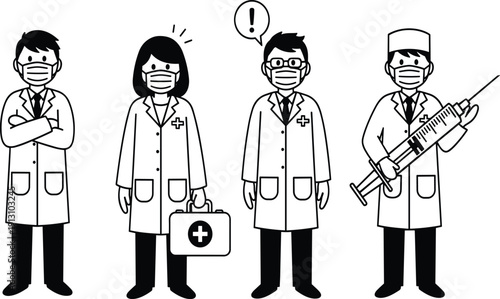 Black silhouette icons of male and female doctors wearing face masks and holding medical equipment isolated on plain white background