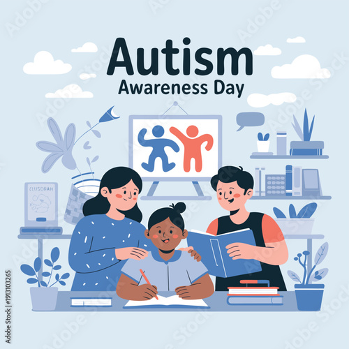 An illustration promoting autism awareness day depicting children learning and interacting with support high quality professional