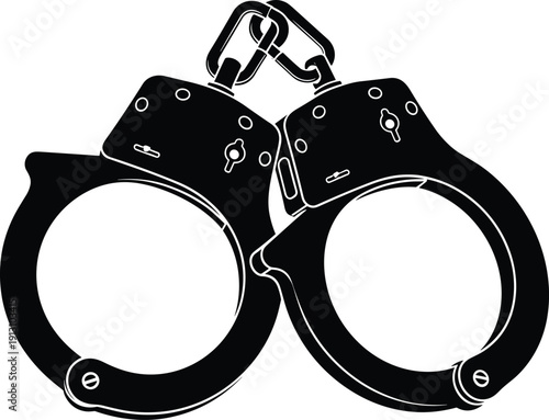 Black silhouette of metal police handcuffs linked by a chain isolated on white background for law justice crime and punishment
