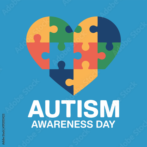 A colorful heart constructed from puzzle pieces symbolizes autism awareness and acceptance with supporting text
