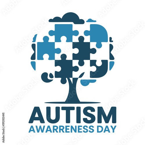 A symbolic tree formed from puzzle pieces represents autism awareness with text indicating autism awareness day