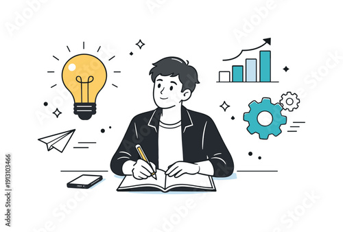 Youth innovation mindset. A calm editorial scene with a young entrepreneur surrounded by lightbulb, graph, and gear icons, representing ideas