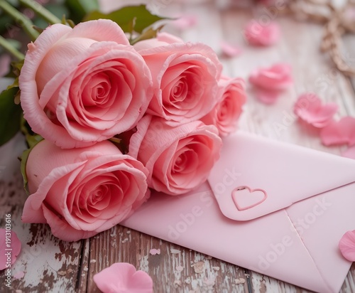 Pink roses and a sealed envelope for a romantic gesture.