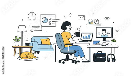 Future of work. Hybrid office scene combining home furniture and office tools in one clean space. Smooth transition between personal life and