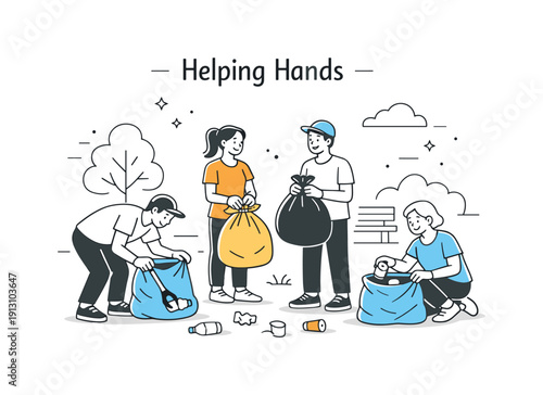Helping hands initiative. A group of volunteers working together cleaning a park, collecting trash into bags with calm cooperation and