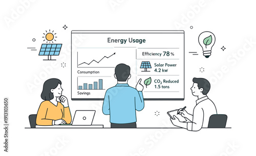 Energy-efficient workplace. Employees reviewing energy usage on a simple dashboard displayed on a wall screen. Quiet analytical mood with