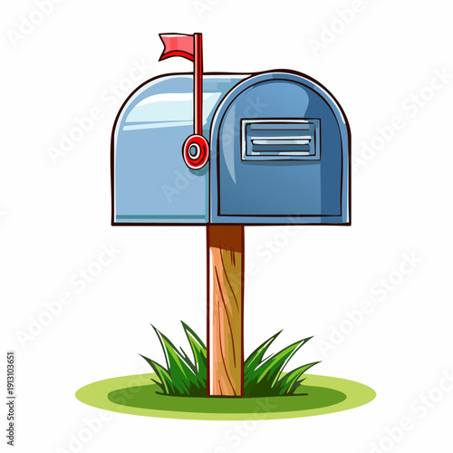 Blue mailbox with red flag on wooden post in grass.