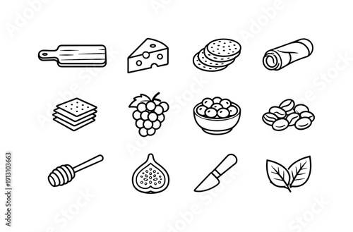 Charcuterie board. Line icon set of Charcuterie board: wooden serving board, cheese wedge, sliced salami, prosciutto roll, crackers stack,
