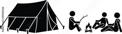 Black silhouette stick figure icons of a large camping tent and people sitting around a bonfire at a summer campsite