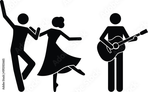 Black silhouette stick figure couple dancing together while a man plays acoustic guitar isolated on white background for musical entertainment