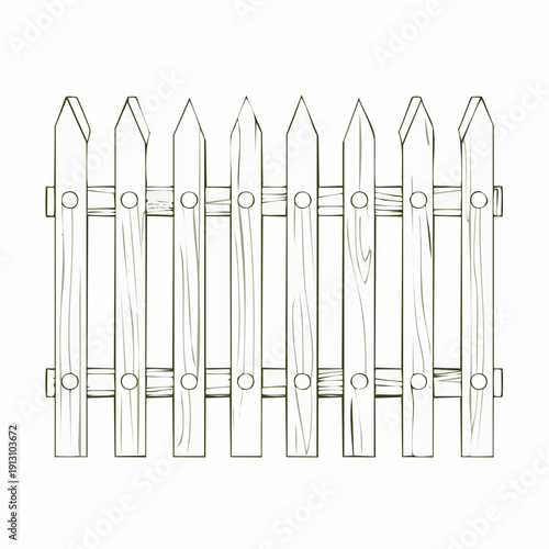 Illustration of a wooden picket fence with pointed tops and wooden rails.