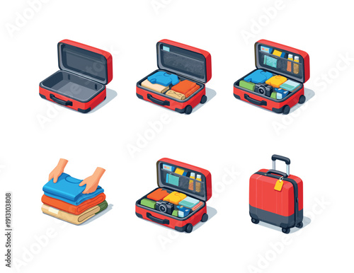 Packing process. Isometric flat vector icons set of packing process: empty open suitcase, partially packed suitcase, fully packed suitcase,