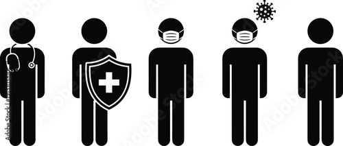Black silhouette stick figure icons of medical professionals wearing face masks and holding shields for healthcare protection and virus prevention