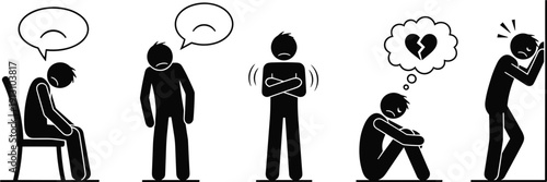 Black silhouette stick figure icons of people feeling sad lonely and heartbroken with broken heart thought bubbles on white background