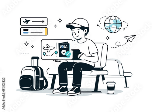 Transit countries. A focused scene of a traveler checking flight connections and visas on a tablet while waiting between flights. Calm