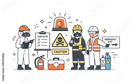 Emergency readiness in hazardous areas. Workers wearing protective gear and following safety guidelines, calm alert atmosphere. Helmets,