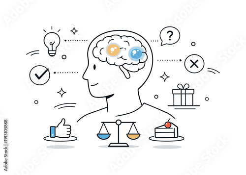 Neuroscience of decision-making. A calm editorial scene showing a human figure with a simplified brain diagram, gently highlighting active