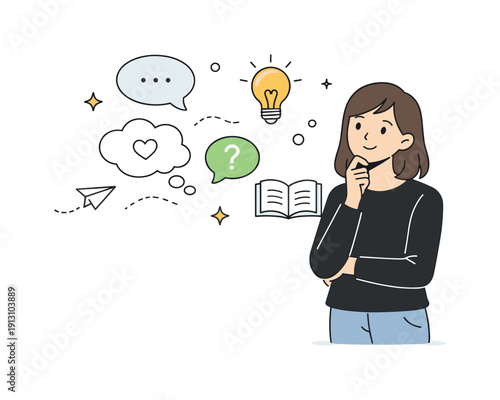 Inner dialogue. A character standing still with gentle speech bubbles and symbols floating nearby, suggesting quiet thoughts. The mood is