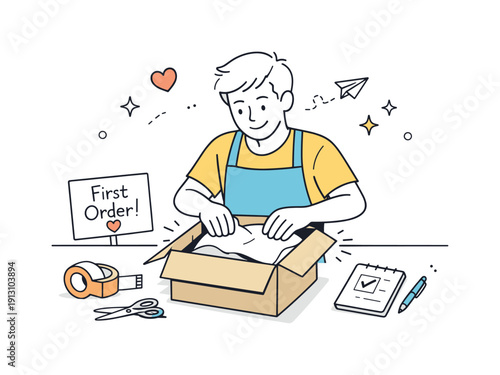 Celebrating first customer. An entrepreneur packs the first order with care, smiling while preparing a box for shipment. Gratitude,