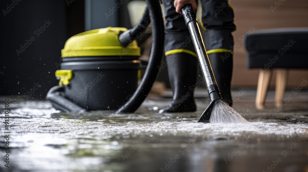 Fototapeta premium Person using vacuum to remove water from flooded surface