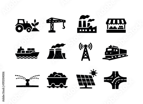 Economic Sectors in Growth. Solid icon set of Economic Sectors in Growth: farming icon, construction crane, factory, market stall, cargo