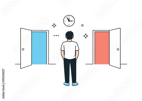Transitions without events. Person standing still between rooms or spaces, neutral posture and no clear direction. Visual metaphor of pause,