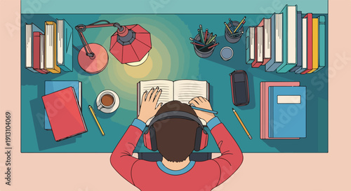 Focused student with headphones studying at a desk, top-down view. Books, lamp, coffee, and stationery depict a concentrated learning environment.