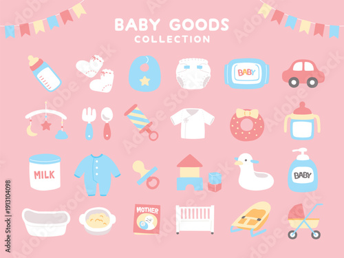 Baby Goods Collection Illustration – Cute Flat Icons Set on Pink Background