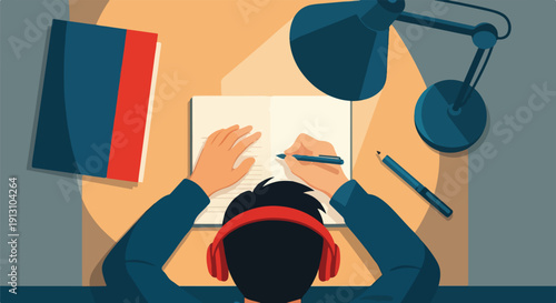 Top-down view of a person wearing red headphones, drawing in a notebook at a desk under a lamp, symbolizing creativity, study, and concentration.