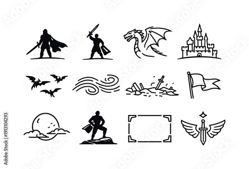    Fantasy cinematic scene. Line icon set of Fantasy cinematic scene: knight silhouette, dramatic sword pose, looming dragon, castle skyline,