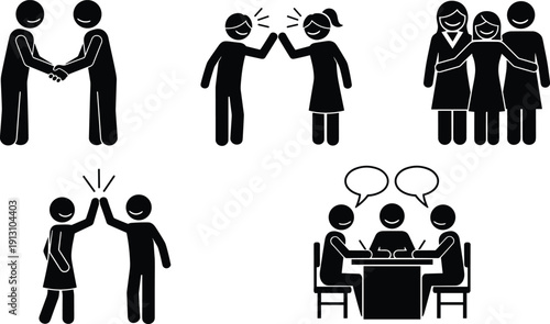 Black silhouette stick figure icons showing people shaking hands giving high five hugging and having a business meeting with speech bubbles