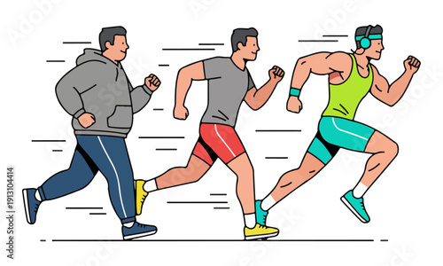 Running Men with Diverse Body Types Showing Fitness Progress Illustration