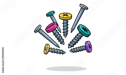 Colorful Cartoon Screws and Metal Nails Hardware Illustration