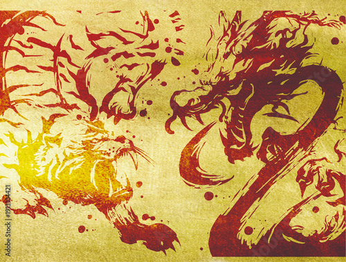 Φωτογραφία Dragon and Tiger Standoff – Japanese Ink Illustration on Gold