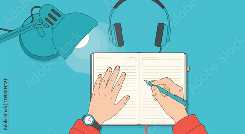 Overhead view of hands writing in a notebook under a desk lamp with headphones, symbolizing study, work, or journaling.