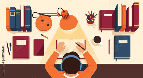 Student studying at a desk with books, lamp, and headphones, top-down view, illustration