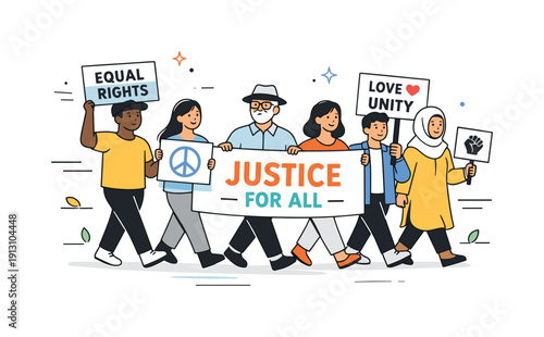 Peaceful civil rights demonstration. A small group walks forward calmly with banners and placards, showing respectful protest and civic