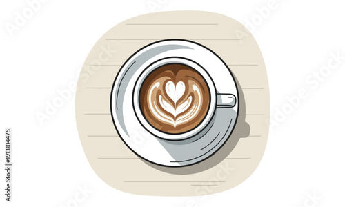 Latte Coffee Cup with Heart Art Illustration, Top View on Table