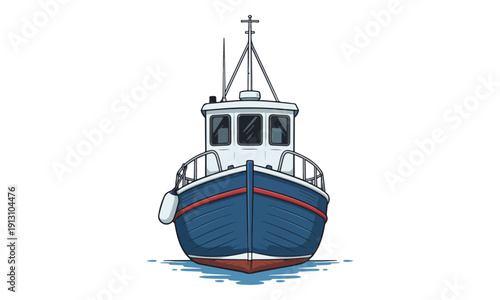 Small Blue Trawler Fishing Boat Front View Vector Illustration
