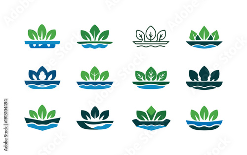 Hydroponic Market Logos. Hydroponic markets. Icon set. Set Logo of hydroponic markets: fresh greens display. harmonious logo variations of the same emblematic