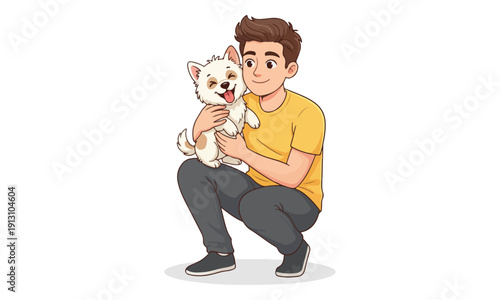 Man Hugging Happy White Puppy while Squatting, Isolated Cartoon Vector