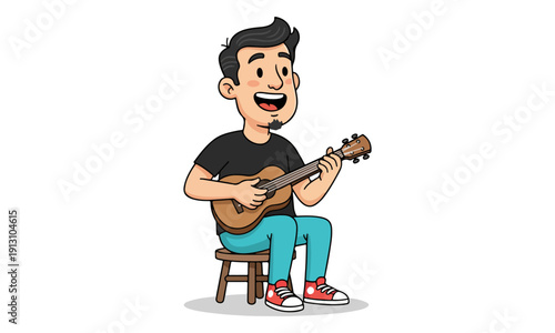 Cartoon Musician Playing Ukulele and Singing on Stool