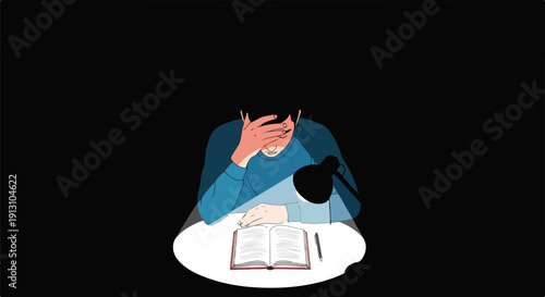 Student struggling with late-night studying, feeling stressed and overwhelmed by exams and homework under a desk lamp.