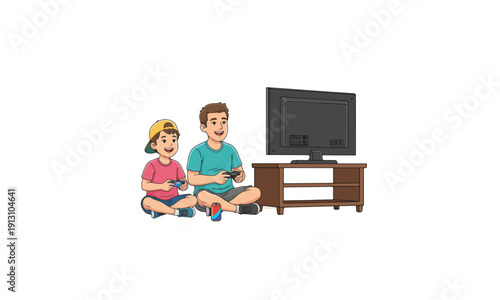 Father and Son Playing Video Games Together at Home in Front of Television