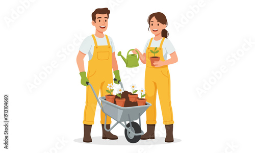 Gardeners Planting Flowers, Man Pushing Wheelbarrow, Woman Watering