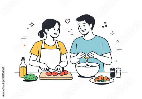 Cooking together as a couple. A couple standing side by side at the kitchen counter, smiling and talking while preparing food. The mood is