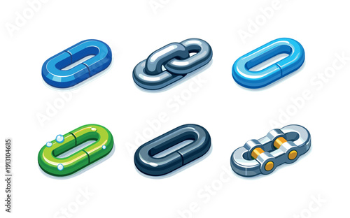 Chain Link Icons. Chain link details. Isometric flat vector icons set of chain link details: beveled edge link, thick-gauge chain link, hollow steel link,