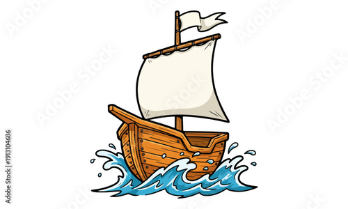Wooden Sailboat Cartoon Illustration Sailing on Ocean Waves