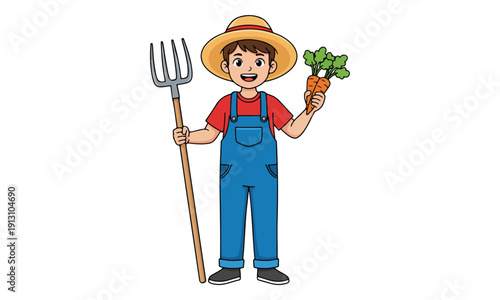 Farmer Character Holding Carrots and Pitchfork Cartoon Illustration