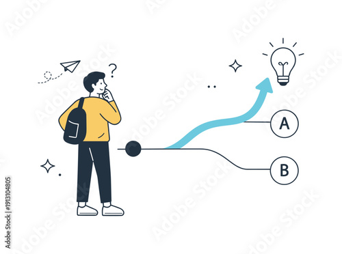 Innovative designs and solutions that challenge conventional thinking. A calm problem-solving scene with a character choosing an unexpected